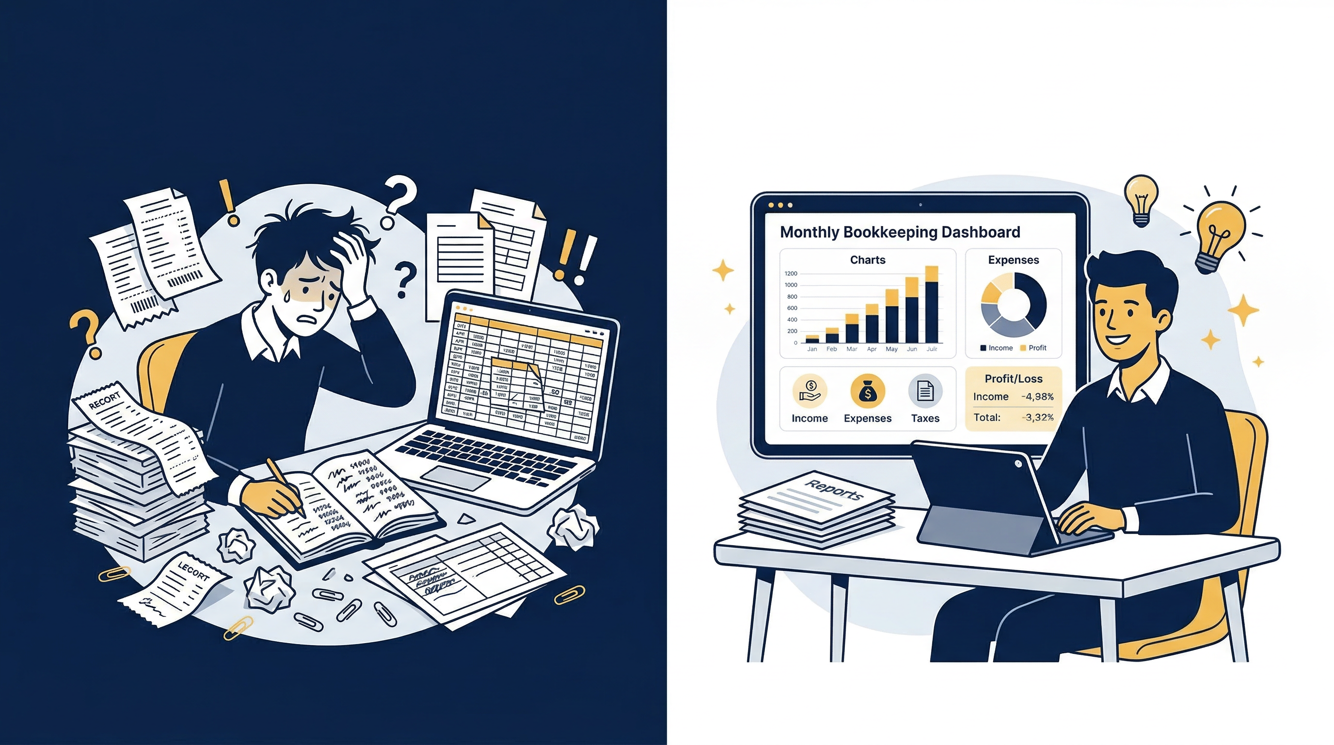 Before: frustrated person with spreadsheet chaos. After: confident person with clean bookkeeping dashboard.