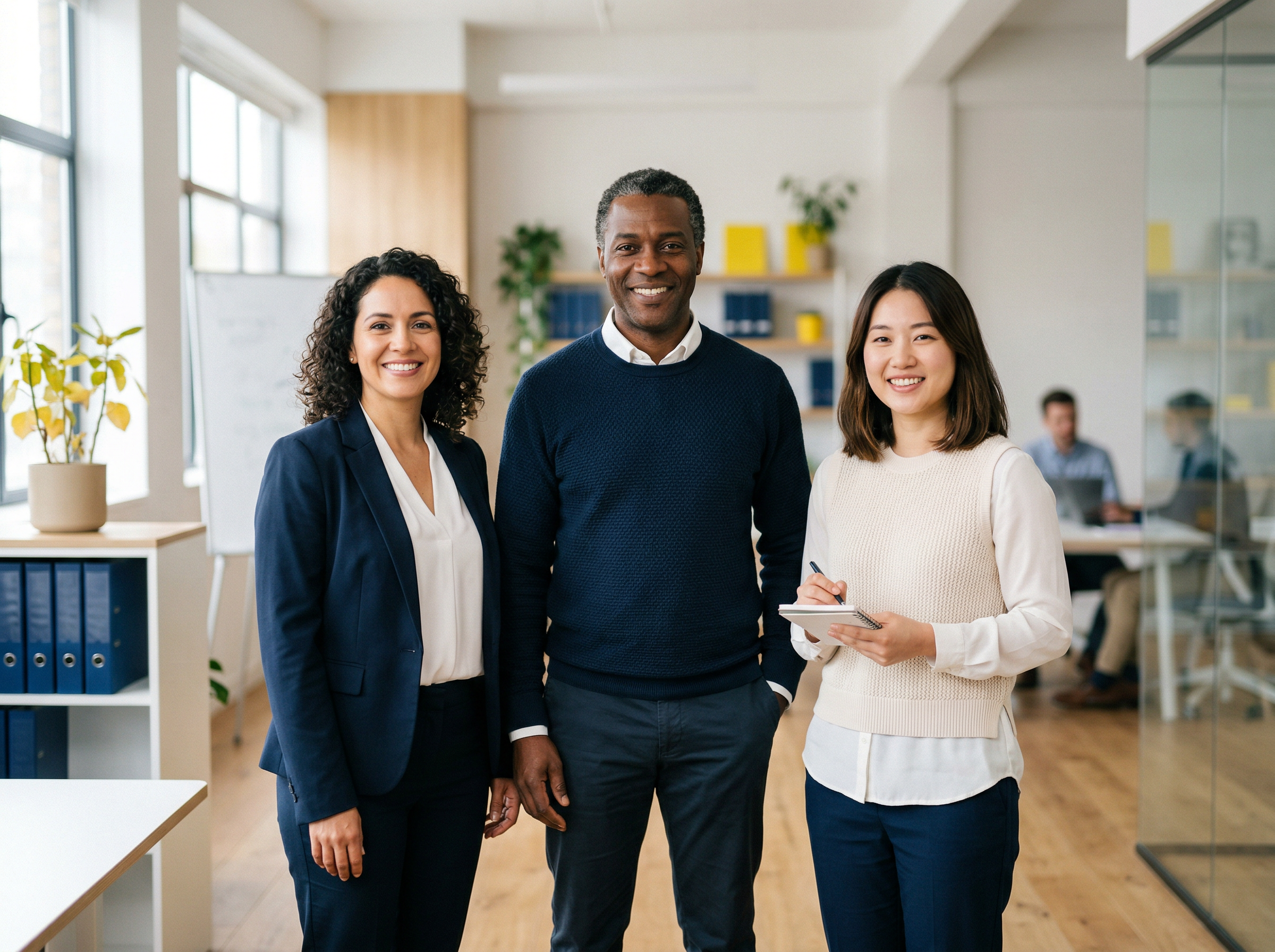 Diverse team of small business professionals smiling in a modern office